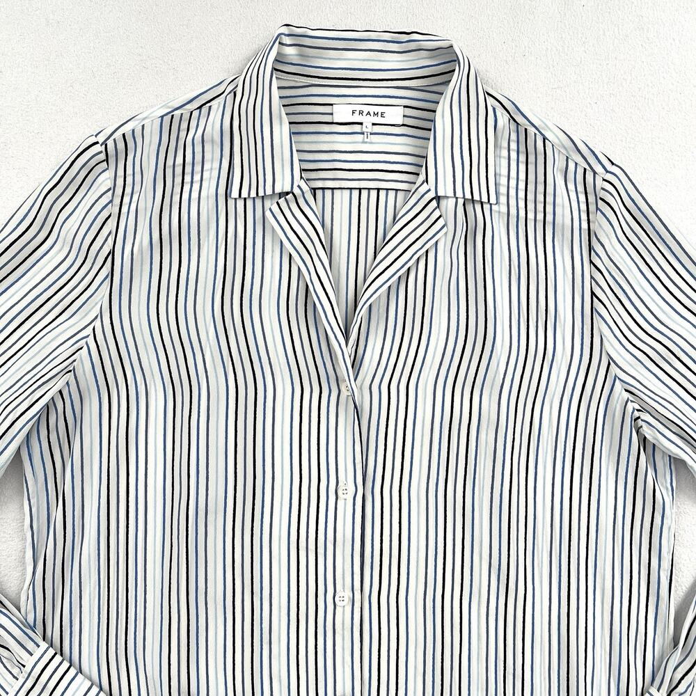 FRAME Women Coastal Blue Multi Stripe Silk Button Long Sleeve Collar Shirt L